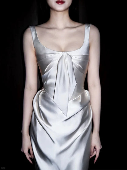 Unique Wedding Dresses Sheath Square Neck Satin White French Style Long Bridal Gown N3173
