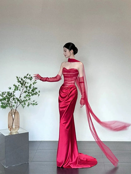 Simple Prom Dresses Mermaid Sweetheart Red Tulle With Scarf Gloves Long Formal Dress N3175