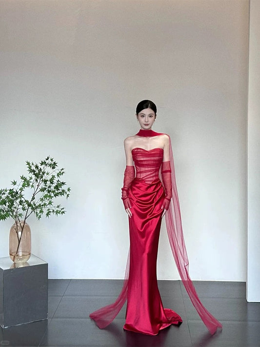 Simple Prom Dresses Mermaid Sweetheart Red Tulle With Scarf Gloves Long Formal Dress N3175