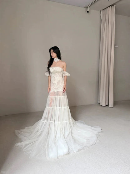 Unique Wedding Dresses Mermaid Strapless Tulle Lace White French Style Long Bridal Gown N3176