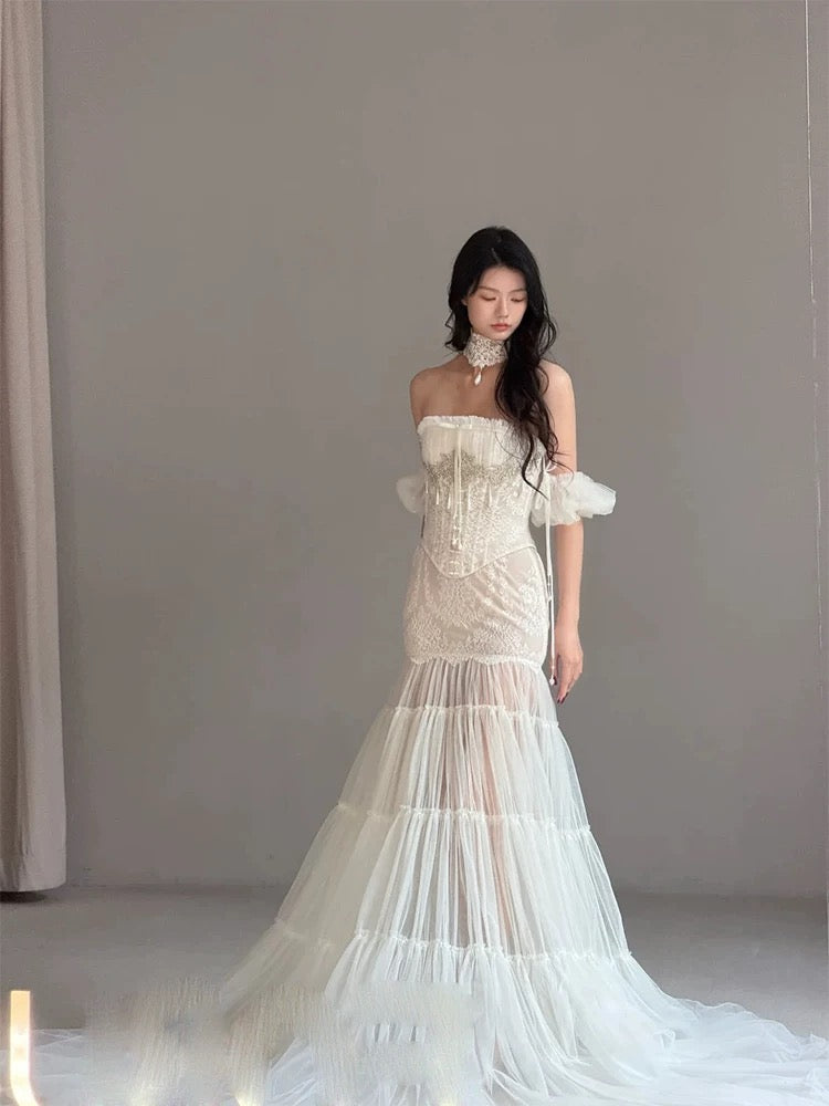 Unique Wedding Dresses Mermaid Strapless Tulle Lace White French Style Long Bridal Gown N3176