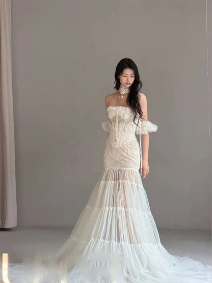Unique Wedding Dresses Mermaid Strapless Tulle Lace White French Style Long Bridal Gown N3176