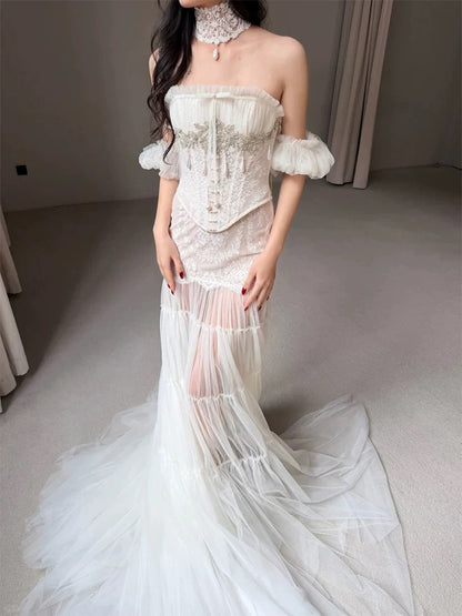 Unique Wedding Dresses Mermaid Strapless Tulle Lace White French Style Long Bridal Gown N3176