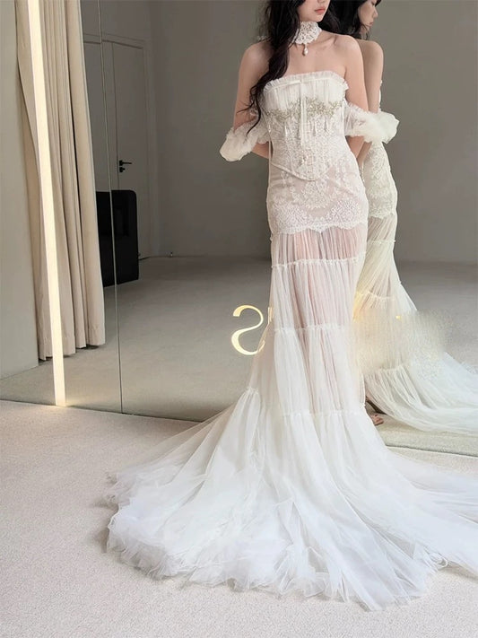 Unique Wedding Dresses Mermaid Strapless Tulle Lace White French Style Long Bridal Gown N3176