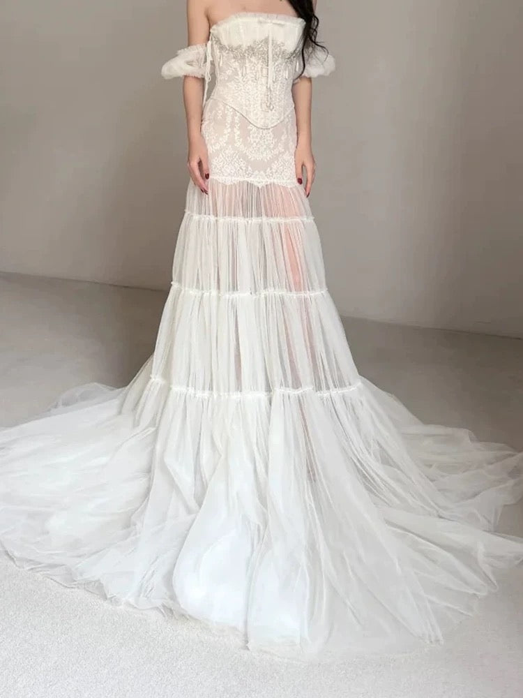 Unique Wedding Dresses Mermaid Strapless Tulle Lace White French Style Long Bridal Gown N3176