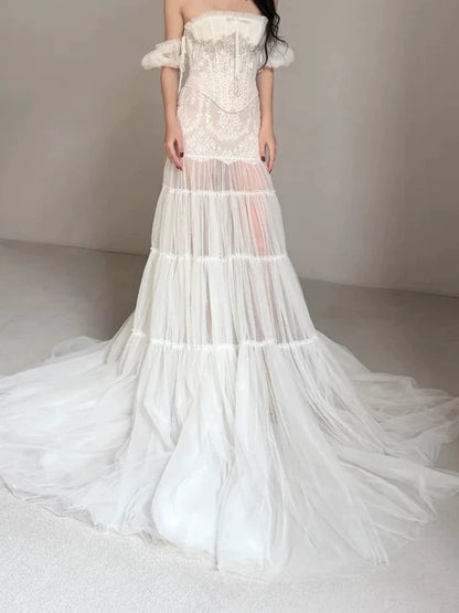Unique Wedding Dresses Mermaid Strapless Tulle Lace White French Style Long Bridal Gown N3176
