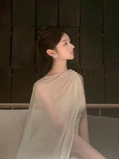 Simple Prom Dresses Mermaid One Shoulder Ivory With Scarf Long Formal Dress N3177