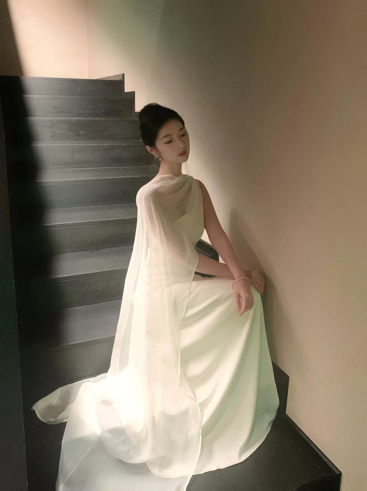 Simple Prom Dresses Mermaid One Shoulder Ivory With Scarf Long Formal Dress N3177