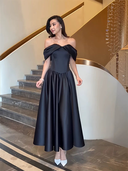 Simple Prom Dresses A Line Off The Shoulder Black Satin Mid Length Women Formal Dress N3178