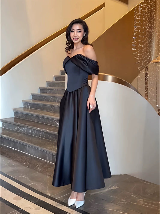 Simple Prom Dresses A Line Off The Shoulder Black Satin Mid Length Women Formal Dress N3178