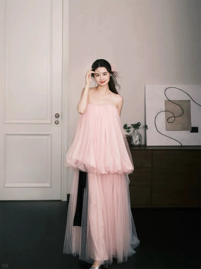 Simple Prom Dresses A Line Sweetheart Pink Tulle Sleeveless Women Formal Dress N3179