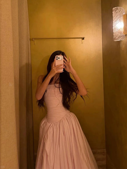 Simple Prom Dresses Ball Gown Strapless Pink Satin Sleeveless Women Formal Dress N3180