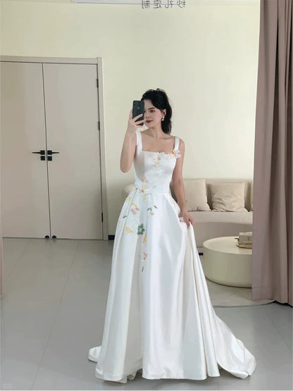 Modest A Line Square Neck White Satin Long Evening Spring Summer Beach Formal Wedding Dress N3491