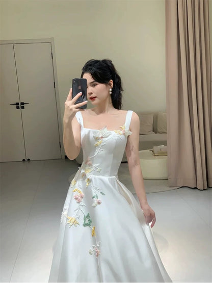 Modest A Line Square Neck White Satin Long Evening Spring Summer Beach Formal Wedding Dress N3491