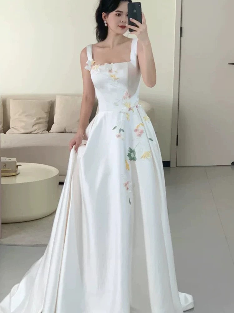 Modest A Line Square Neck White Satin Long Evening Spring Summer Beach Formal Wedding Dress N3491
