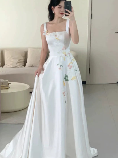 Modest A Line Square Neck White Satin Long Evening Spring Summer Beach Formal Wedding Dress N3491