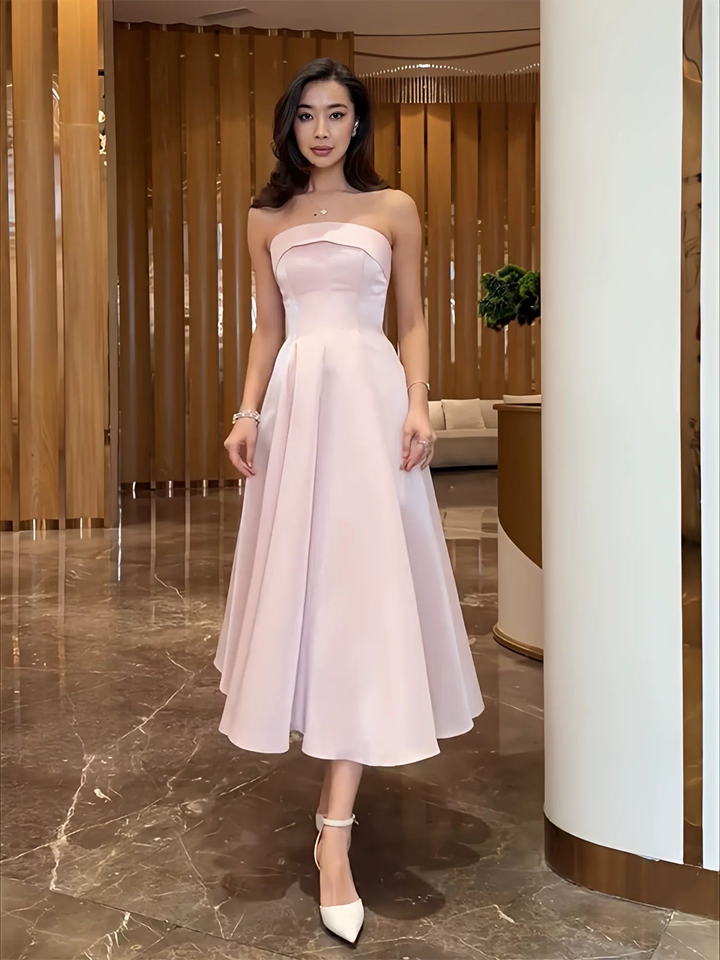 Modest A Line Strapless Satin Pink Ankle Length Evening Spring Summer Beach Formal Wedding Guest Dress N3492