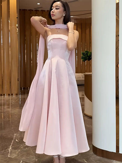 Modest A Line Strapless Satin Pink Ankle Length Evening Spring Summer Beach Formal Wedding Guest Dress N3492