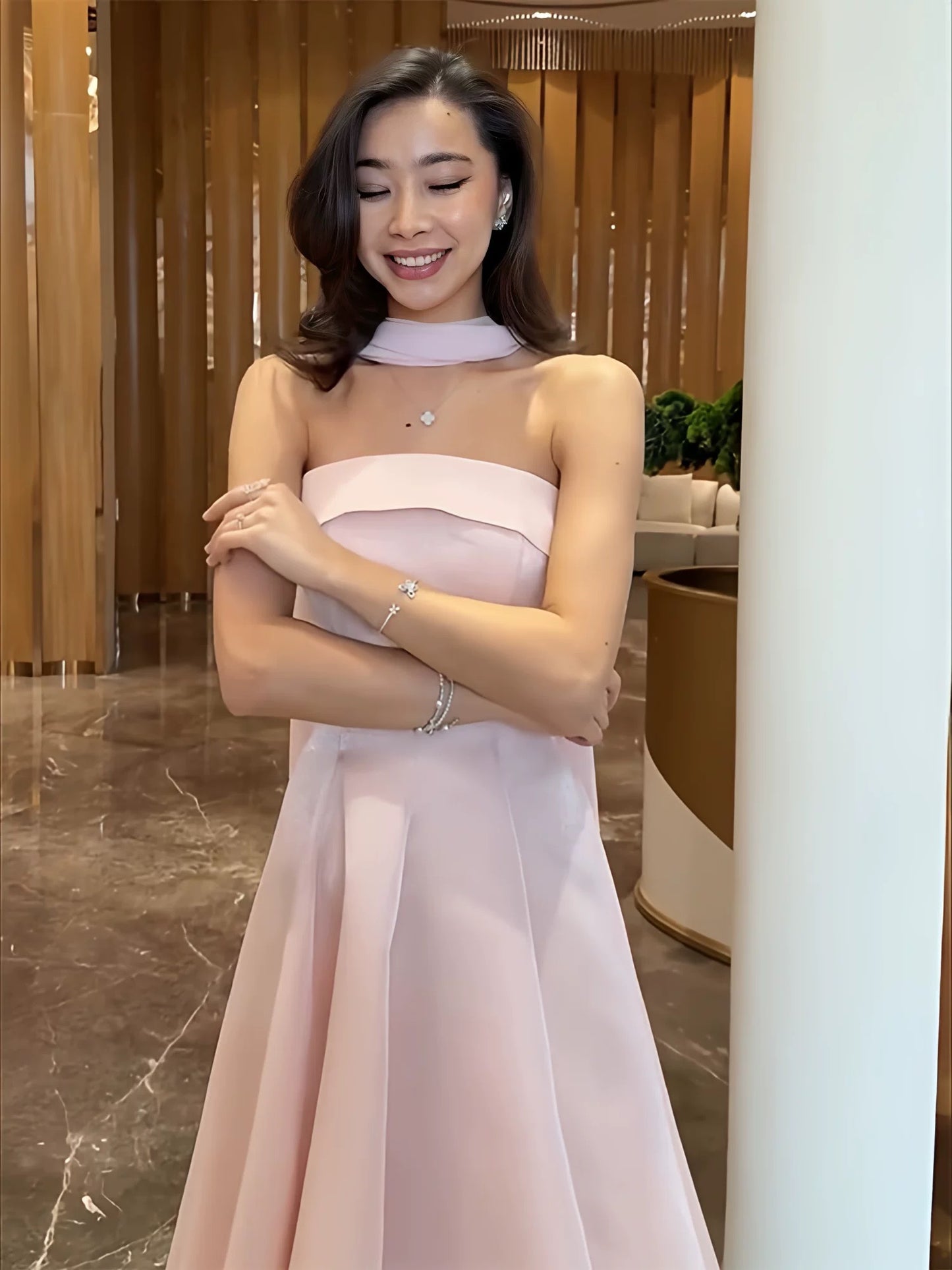 Modest A Line Strapless Satin Pink Ankle Length Evening Spring Summer Beach Formal Wedding Guest Dress N3492