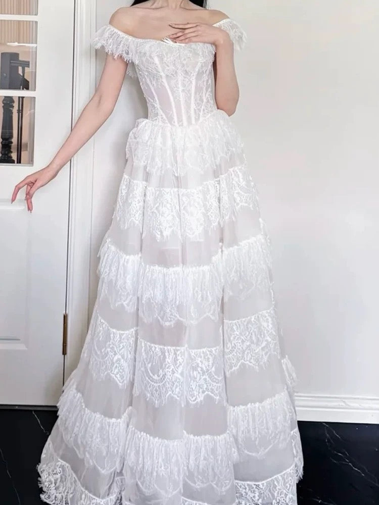 Simple Wedding Dresses Ball Gown Off The Shoulder White Tulle With Lace Long Brides Gown N3494