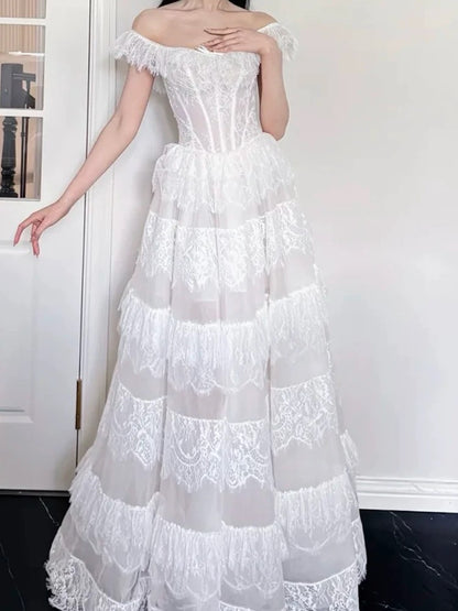Simple Wedding Dresses Ball Gown Off The Shoulder White Tulle With Lace Long Brides Gown N3494