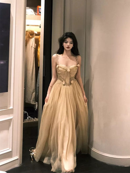 Modest A Line Spaghetti Strap Champagne Tulle Evening Spring Summer Beach Formal Wedding Guest Dresses N3495
