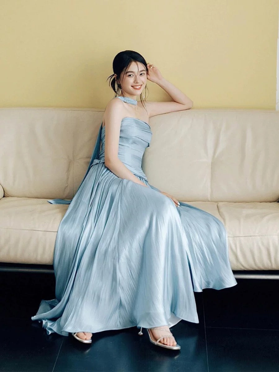 Modest A Line Strapless Satin Light Sky Blue Evening With Scarf Summer Beach Formal Wedding Guest Dress N3497