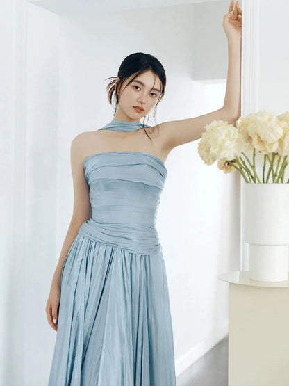 Modest A Line Strapless Satin Light Sky Blue Evening With Scarf Summer Beach Formal Wedding Guest Dress N3497