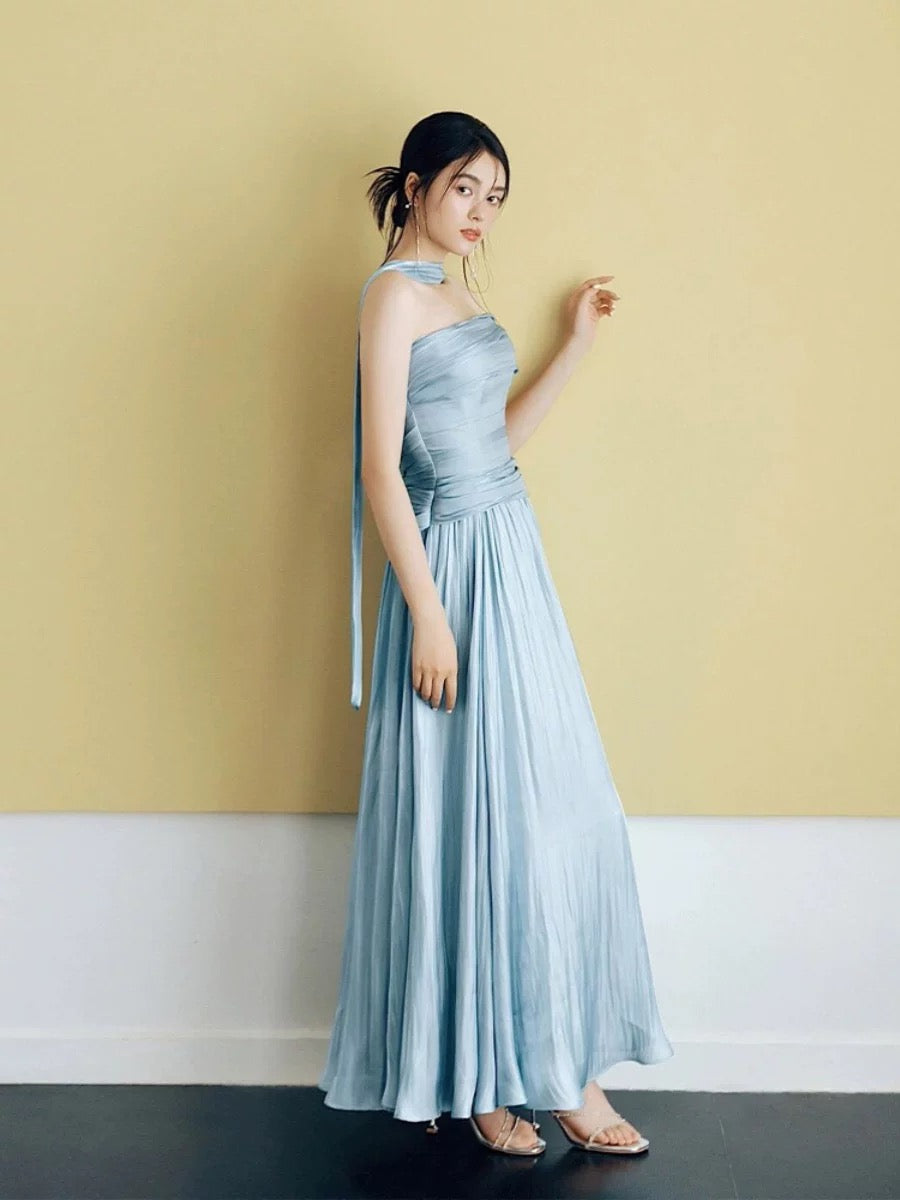 Modest A Line Strapless Satin Light Sky Blue Evening With Scarf Summer Beach Formal Wedding Guest Dress N3497