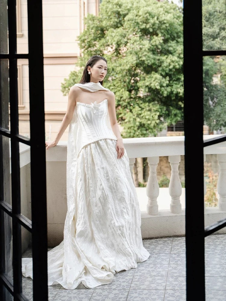 Simple Wedding Dresses Ball Gown Strapless White Satin With Scarf Long Brides Gown N3500