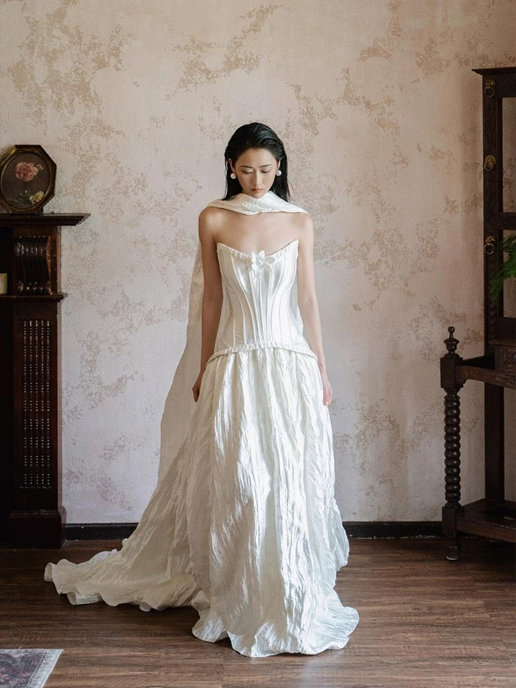 Simple Wedding Dresses Ball Gown Strapless White Satin With Scarf Long Brides Gown N3500