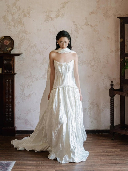 Simple Wedding Dresses Ball Gown Strapless White Satin With Scarf Long Brides Gown N3500