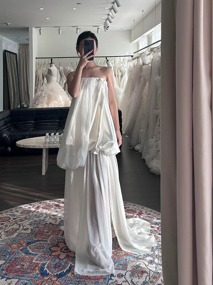 French Style Wedding Dresses A Line Strapless White Satin Chiffon Long Brides Gown N3501