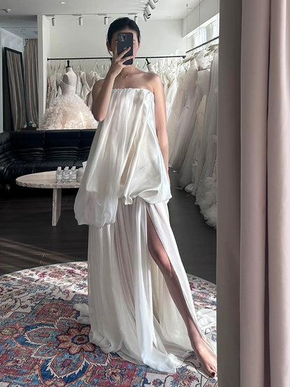 French Style Wedding Dresses A Line Strapless White Satin Chiffon Long Brides Gown N3501