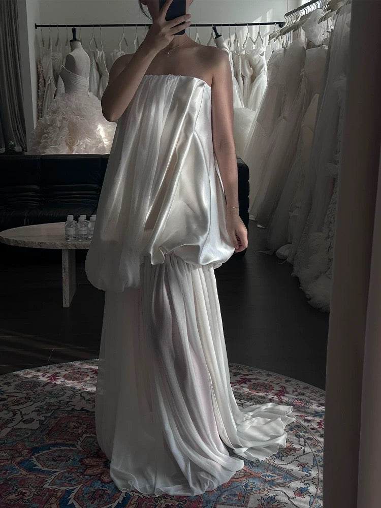 French Style Wedding Dresses A Line Strapless White Satin Chiffon Long Brides Gown N3501