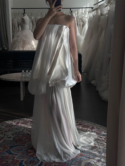 French Style Wedding Dresses A Line Strapless White Satin Chiffon Long Brides Gown N3501
