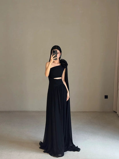 Modest A Line One Shoulder Black Tie Dress Evening With Ribbon Summer Beach Formal Wedding Guest Dress N3502