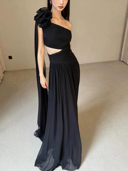 Modest A Line One Shoulder Black Tie Dress Evening With Ribbon Summer Beach Formal Wedding Guest Dress N3502