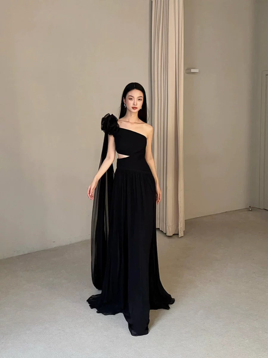 Modest A Line One Shoulder Black Tie Dress Evening With Ribbon Summer Beach Formal Wedding Guest Dress N3502