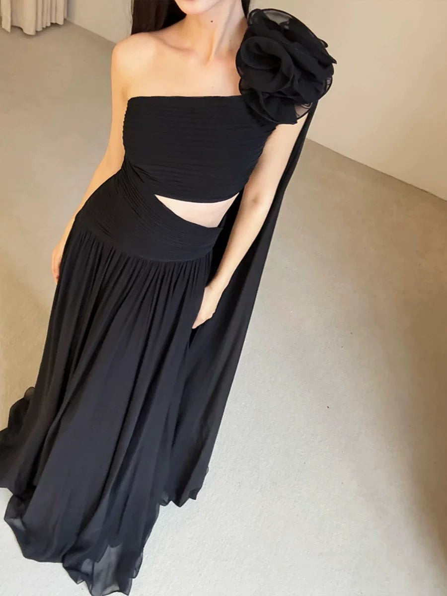 Modest A Line One Shoulder Black Tie Dress Evening With Ribbon Summer Beach Formal Wedding Guest Dress N3502