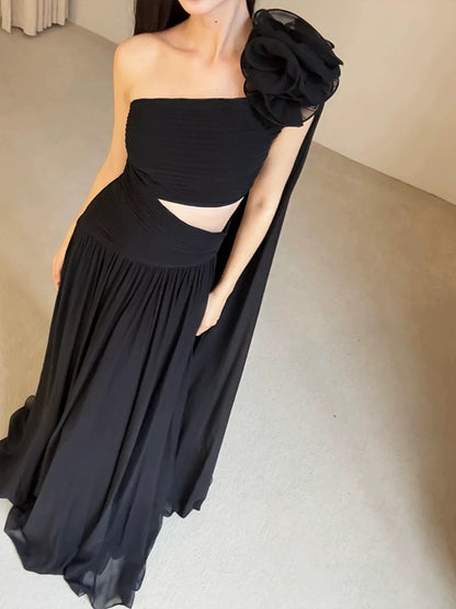 Modest A Line One Shoulder Black Tie Dress Evening With Ribbon Summer Beach Formal Wedding Guest Dress N3502