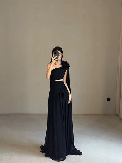 Modest A Line One Shoulder Black Tie Dress Evening With Ribbon Summer Beach Formal Wedding Guest Dress N3502