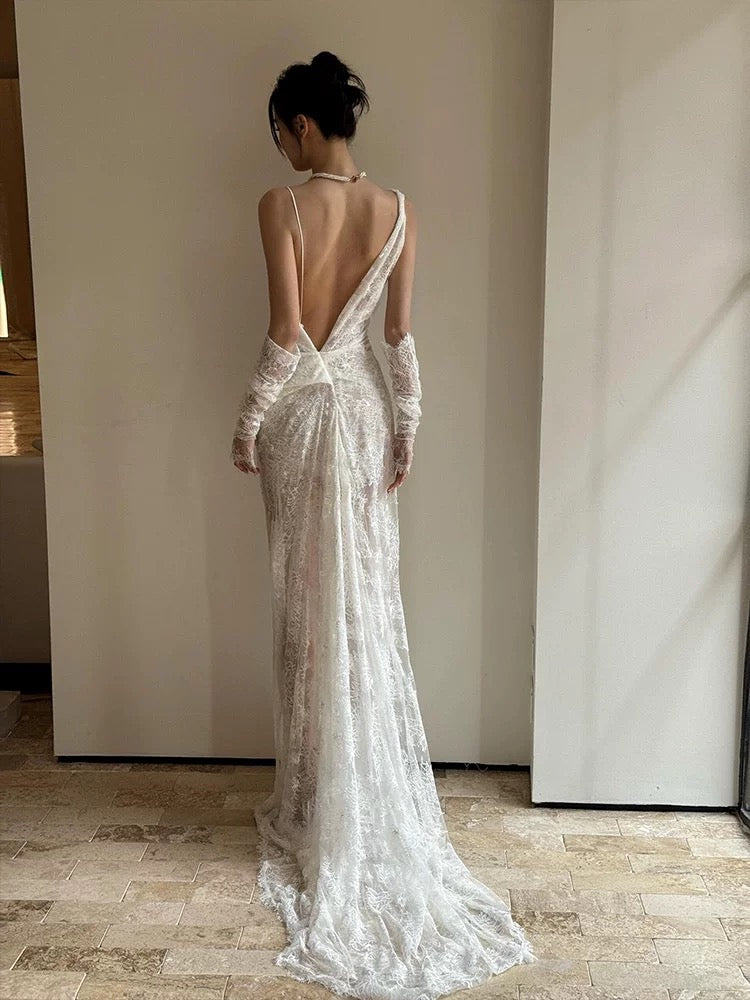 French Style Wedding Dresses Mermaid Irregular Neck Lace White With Gloves Long Brides Gown N3503