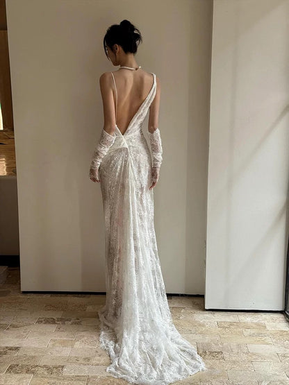 French Style Wedding Dresses Mermaid Irregular Neck Lace White With Gloves Long Brides Gown N3503