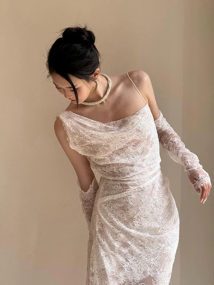 French Style Wedding Dresses Mermaid Irregular Neck Lace White With Gloves Long Brides Gown N3503