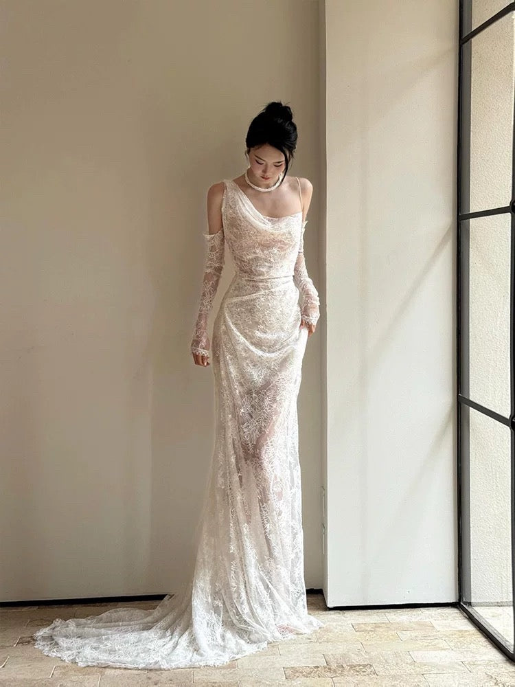 French Style Wedding Dresses Mermaid Irregular Neck Lace White With Gloves Long Brides Gown N3503