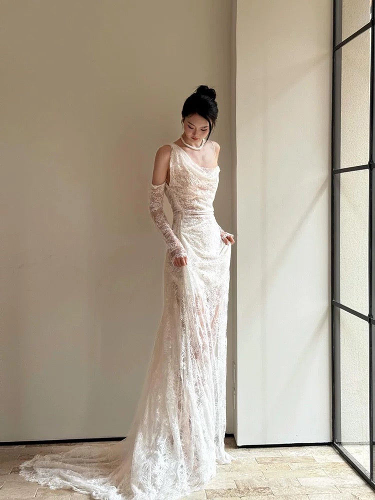 French Style Wedding Dresses Mermaid Irregular Neck Lace White With Gloves Long Brides Gown N3503