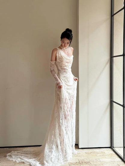 French Style Wedding Dresses Mermaid Irregular Neck Lace White With Gloves Long Brides Gown N3503