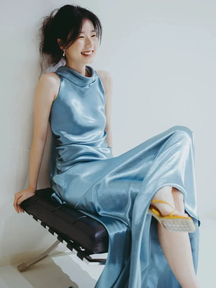 Simple Mermaid Halter Satin Evening With Ribbon Summer Beach Formal Wedding Guest Dress N3505