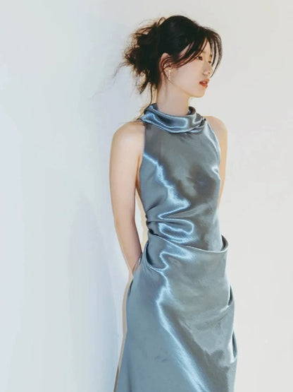 Simple Mermaid Halter Satin Evening With Ribbon Summer Beach Formal Wedding Guest Dress N3505